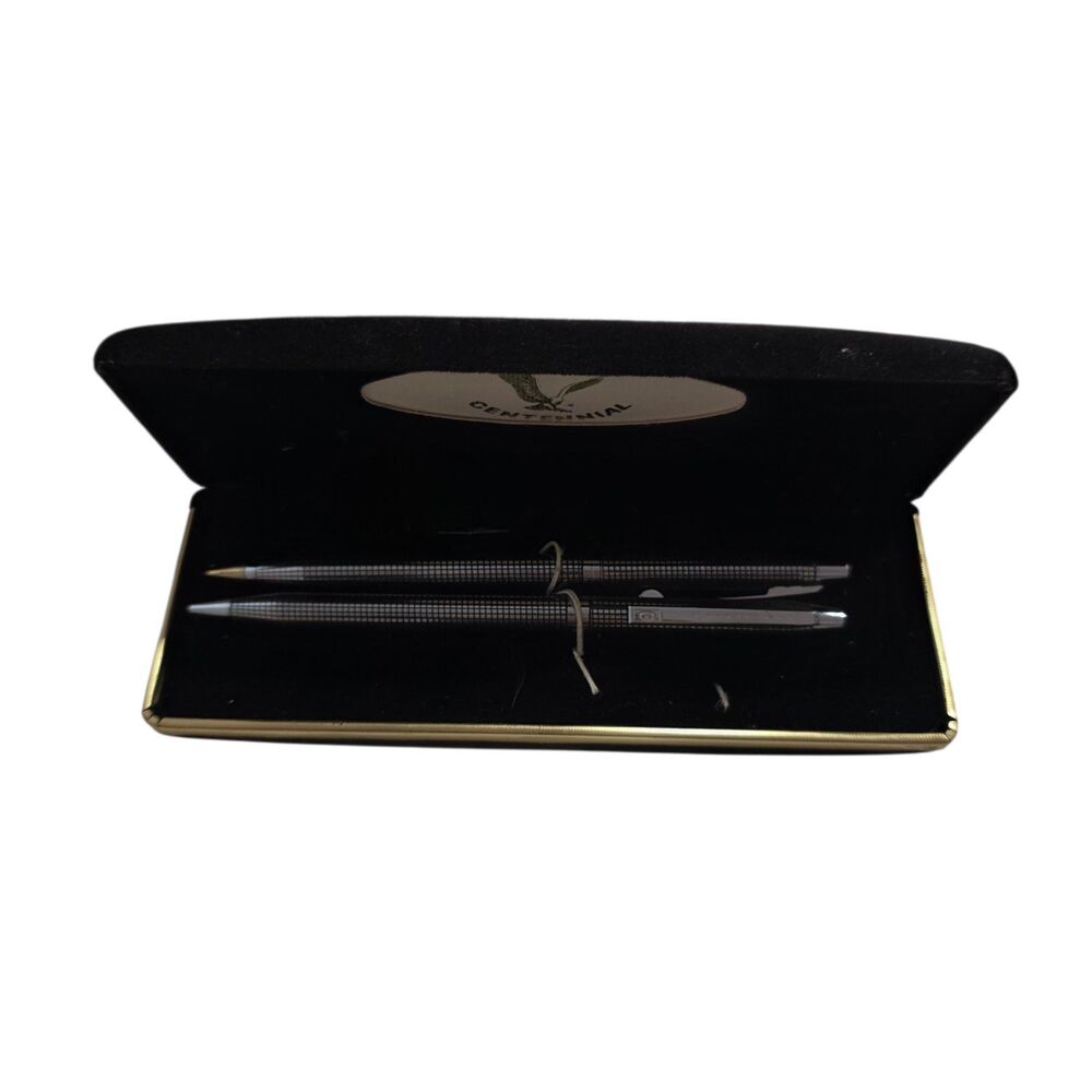 Vintage Cross Century Pen Pencil Set Chrome Grid Pattern w Case USA Gift